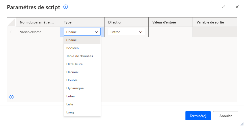 Capture d’écran de la fenêtre Paramètres de script dans l’action de script Exécuter .NET, définissant le type de variable