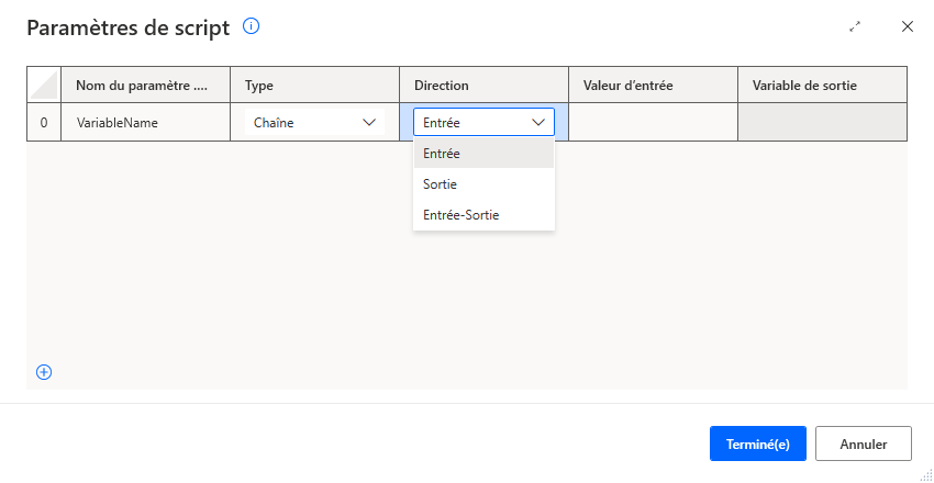 Capture d’écran de la fenêtre Paramètres de script dans l’action de script Exécuter .NET, définissant la direction