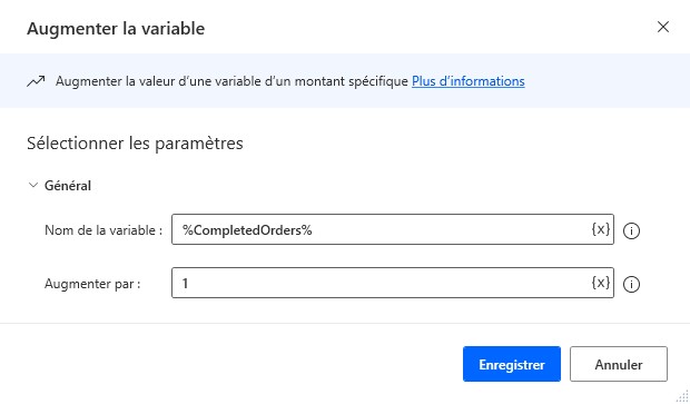 Capture d’écran de l’action Augmenter la variable.