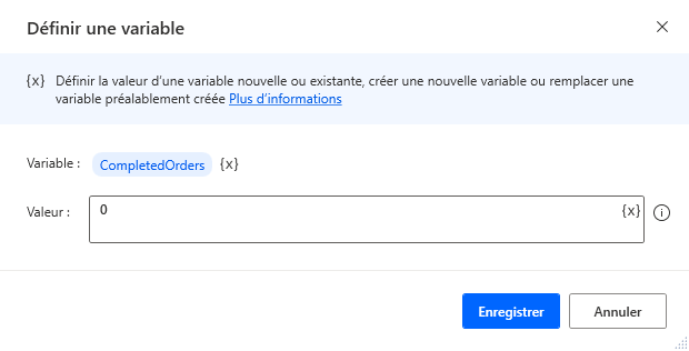 Capture d’écran de l’action Définir une variable.