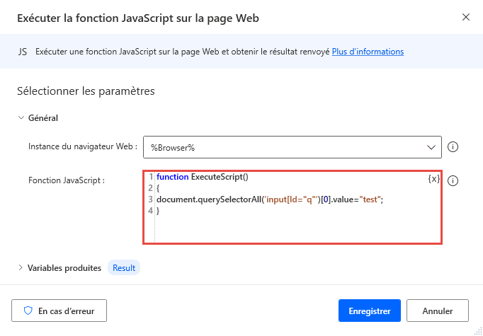 Capture d’écran de l’action Exécuter JavaScript sur la page Web configurée pour remplir un champ de texte.