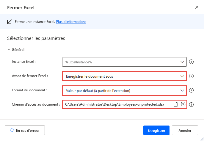 Capture d’écran de l’action Fermer Excel avec l’option Enregistrer le document sous sélectionnée.