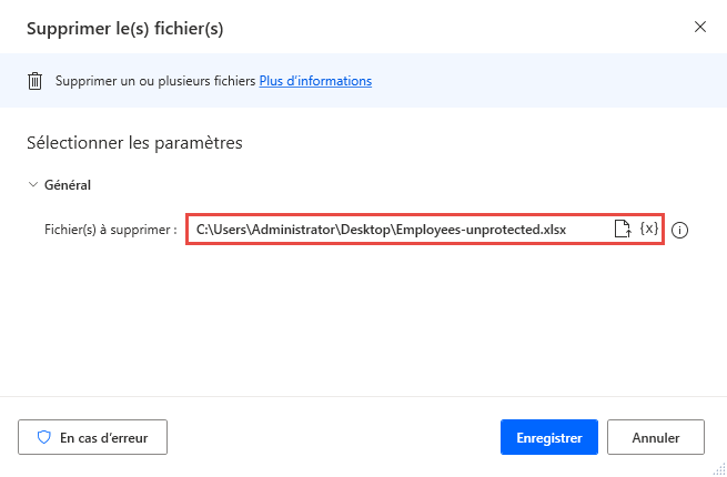 Capture d’écran de l’action Supprimer les fichiers.