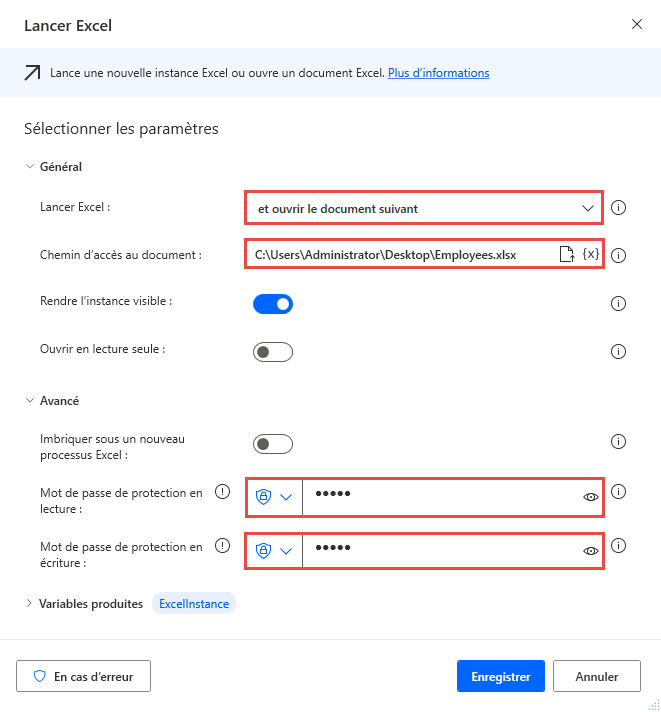 Capture d’écran de l’action Lancer Excel et du champ Mot de passe.