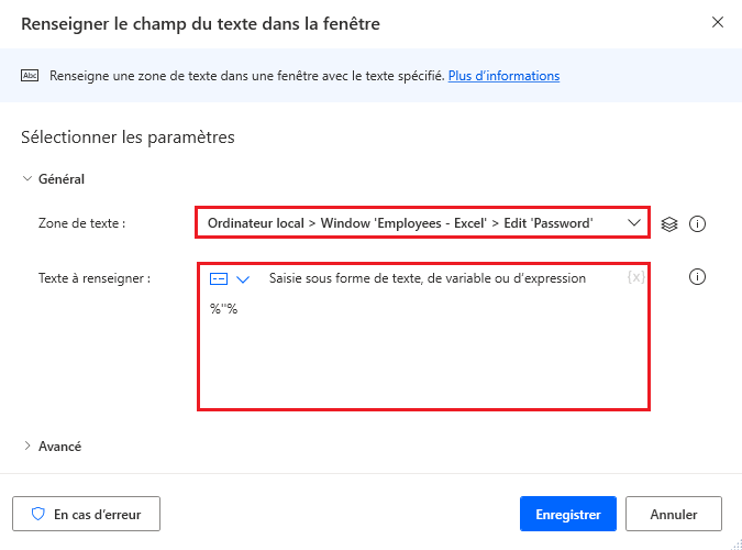 Capture d’écran de l’action Renseigner le champ du texte dans la fenêtre.