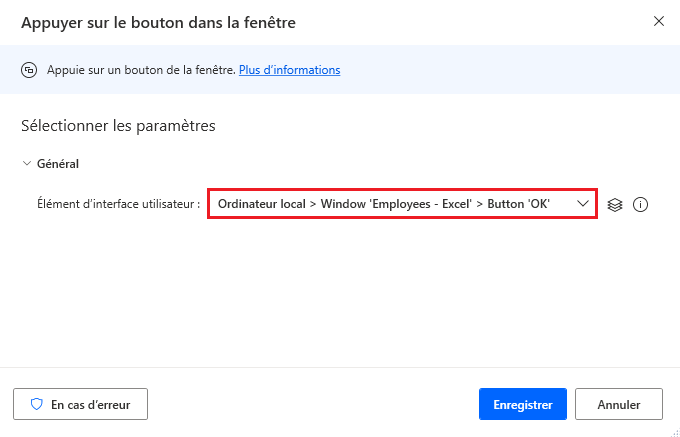 Capture d’écran de l’action Appuyer sur le bouton dans la fenêtre.