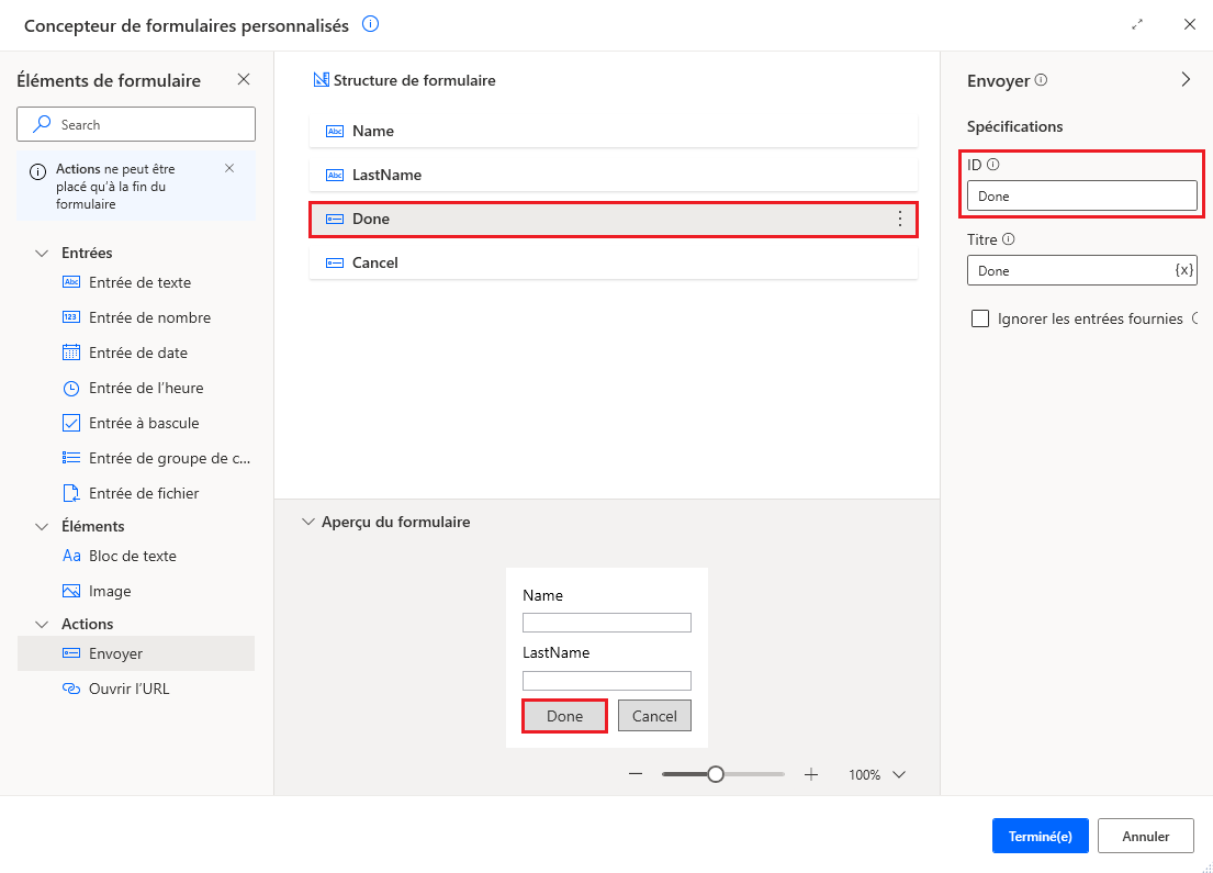 Capture d’écran d’une action Formulaire personnalisé configuré.