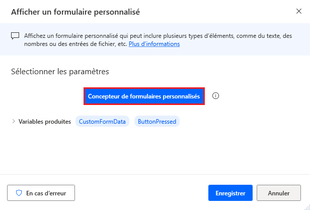 Capture d’écran de l’action Afficher le formulaire personnalisé.