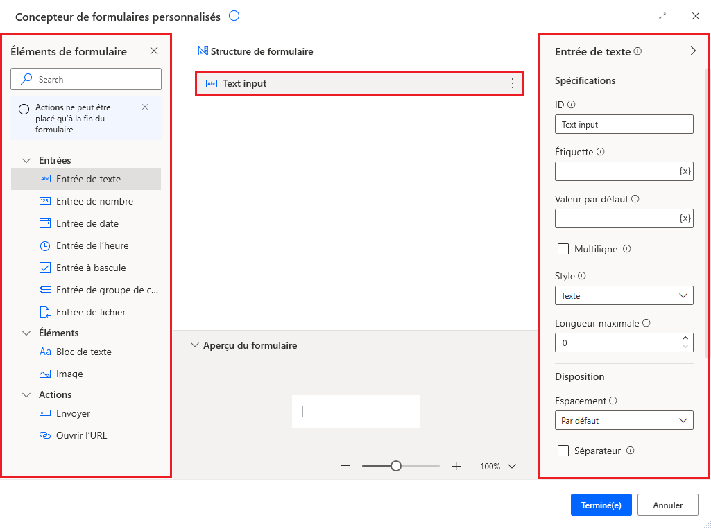 Capture d’écran des éléments du formulaire disponible.