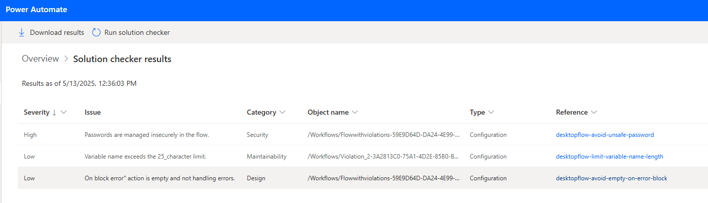 Capture d’écran des résultats de l’analyse statique pour une solution dans le portail Power Automate.