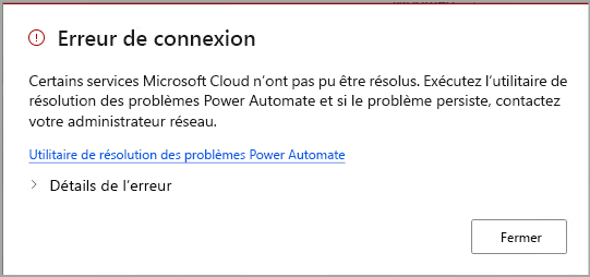 Boîte de dialogue d'erreur de connexion avec lien vers le dépanneur