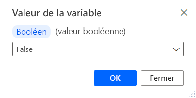 Capture d’écran d’une variable booléenne en cours de modification dans la visionneuse de variables.