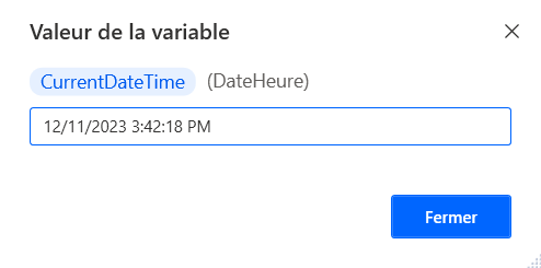 Capture d’écran d’une variable de date et heure en cours de modification dans la visionneuse de variables.