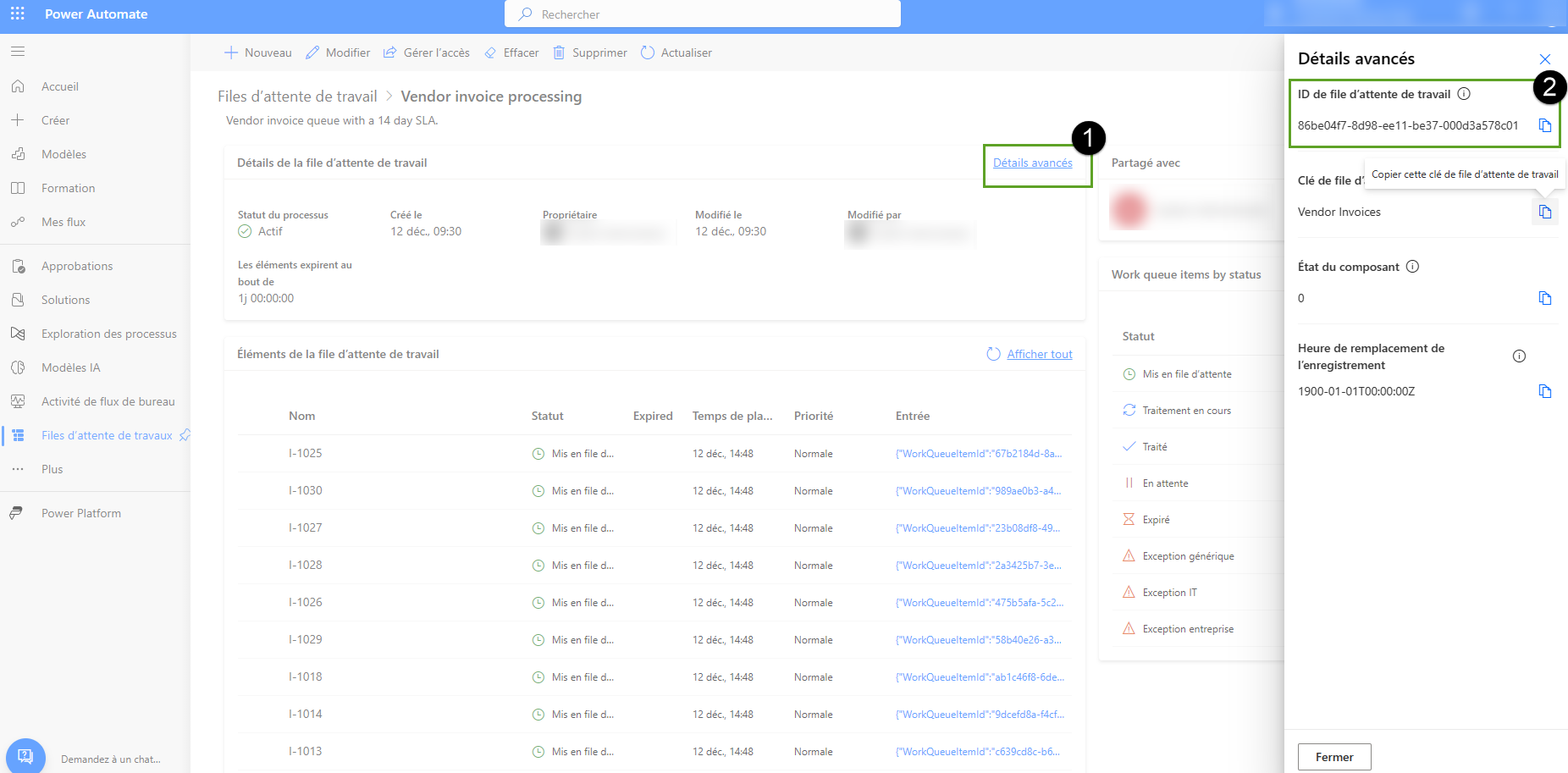 Capture d’écran d’une page des détails de la file d’attente de travail avec l’ID de file d’attente de travail mis en surbrillance dans la barre de l’URL du navigateur.