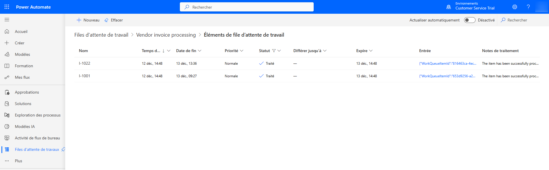 Capture d’écran d’une page de la liste des éléments de la file d’attente de travail qui est filtrée pour afficher uniquement les éléments traités.
