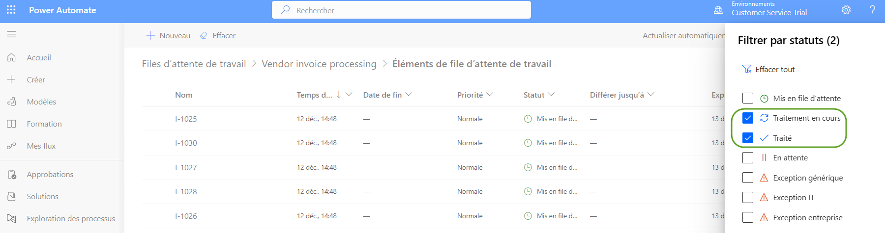 Capture d’écran de l’expérience de filtrage des éléments de la file d’attente de travail où les options de filtre En cours de traitement et Traité ont été sélectionnées.