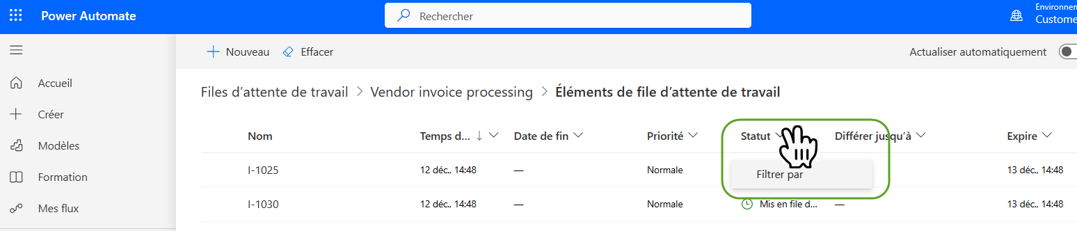 Capture d’écran de l’expérience de visualisation de tous les éléments de la file d’attente de travail qui est sur le point d’être filtrée par statut.
