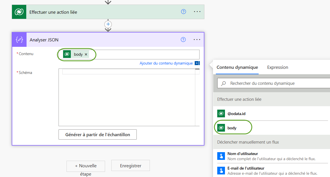 Capture d’écran d’un concepteur de flux de cloud qui montre l’action Analyser Json avec une valeur de contenu définie sur Body.