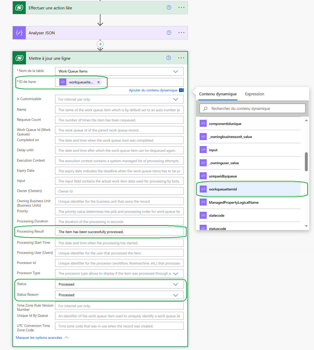 Capture d’écran d’un concepteur de flux de cloud qui montre l’action Mettre à jour une ligne du connecteur Dataverse avec les valeurs des éléments de la file d’attente de travail.