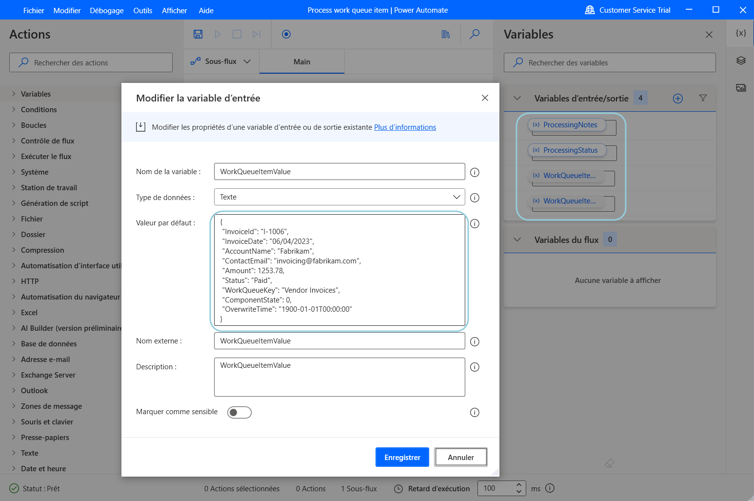 Capture d’écran d’un concepteur de flux de bureau qui affiche les actions d’entrée et de sortie.