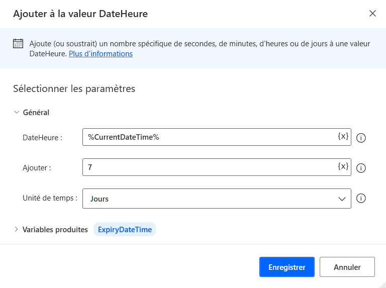 Exemple de capture d’écran pour ajouter à la date et l’heure actuelles pour définir une date et heure d’expiration.