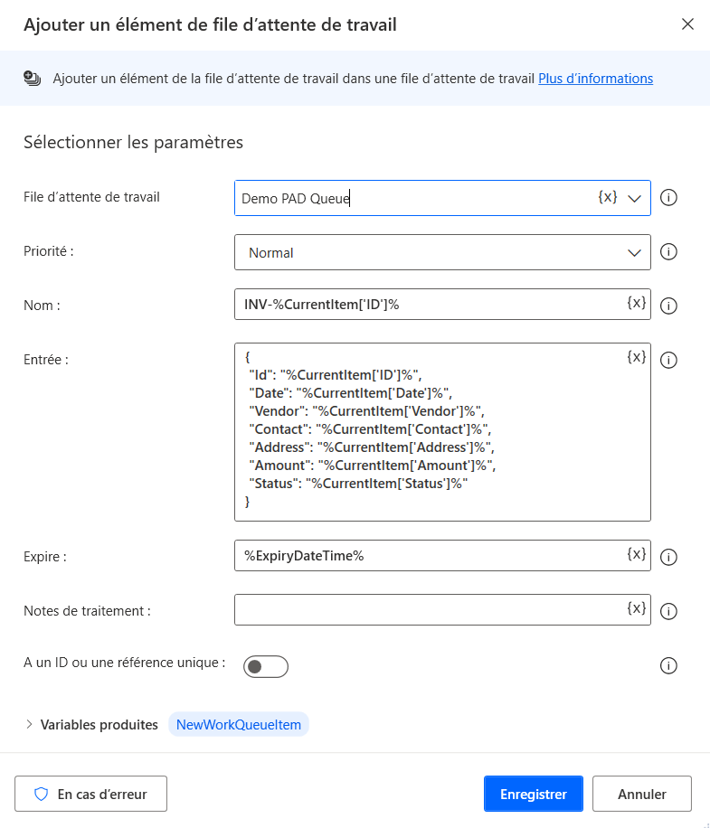 Exemple de capture d’écran de l’action Ajouter un élément de la file d’attente de travail configurée dans le flux de bureau.