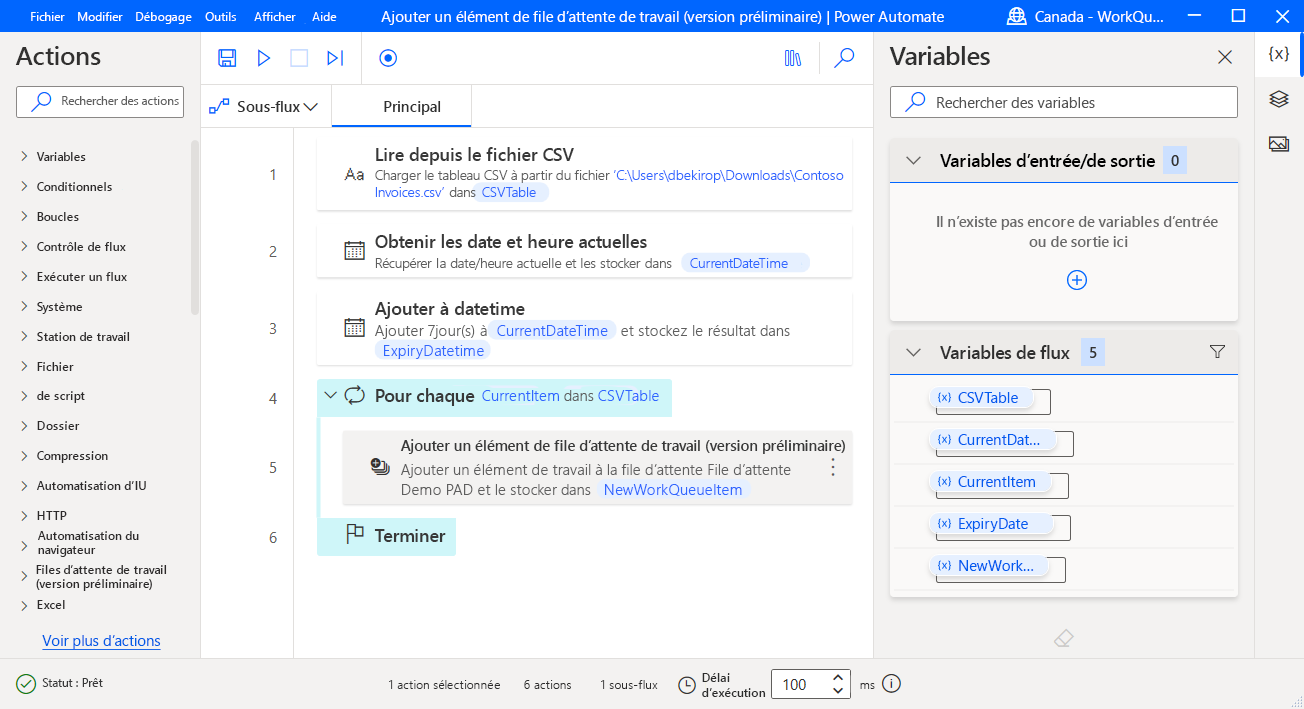 Exemple de capture d’écran du processus incorporant l’action Ajouter un élément de la file d’attente de travail.