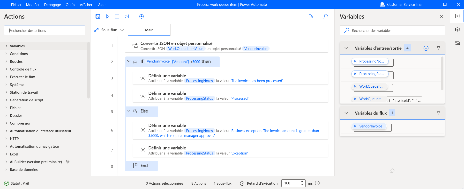 Capture d’écran d’un concepteur de flux de bureau qui montre un flux de bout en bout avec des conditions.