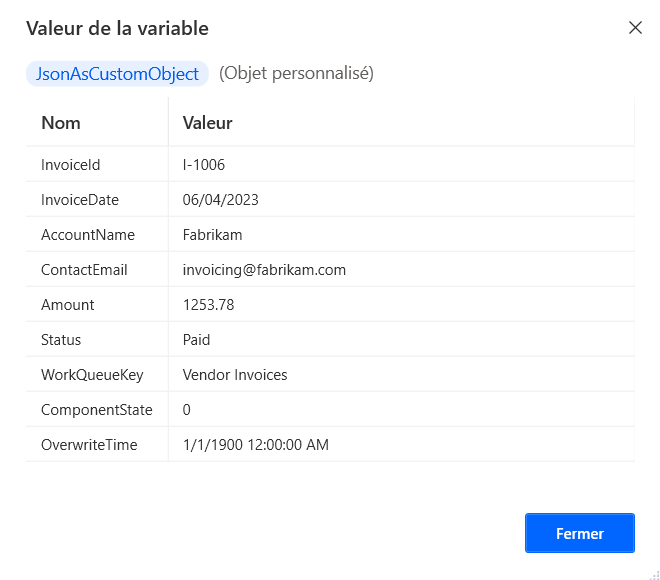 Capture d’écran de la valeur JSON convertie en objet personnalisé.