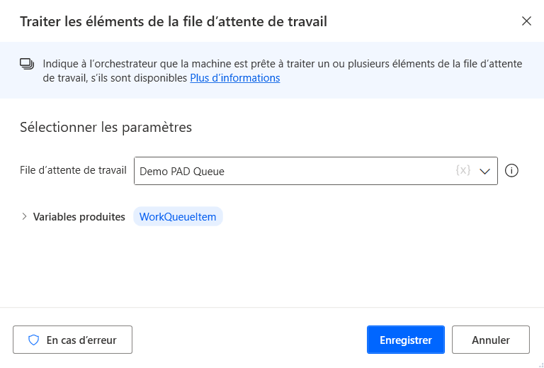 Capture d’écran de l’action WorkQueueItem configurée pour traiter les éléments de la file d’attente avec le nombre maximal de nouvelles tentatives à l’avance défini dans Power Automate bureau.
