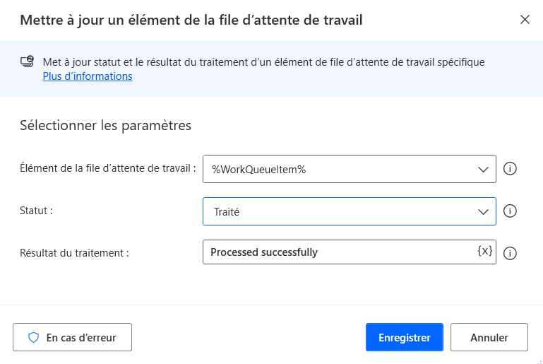 Exemple de capture d’écran des entrées de l’action Mettre à jour l’élément de la file d’attente de travail.