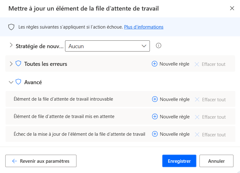 Exemple de capture d’écran de gestion des exceptions de l’action Mettre à jour l’élément de la file d’attente de travail.