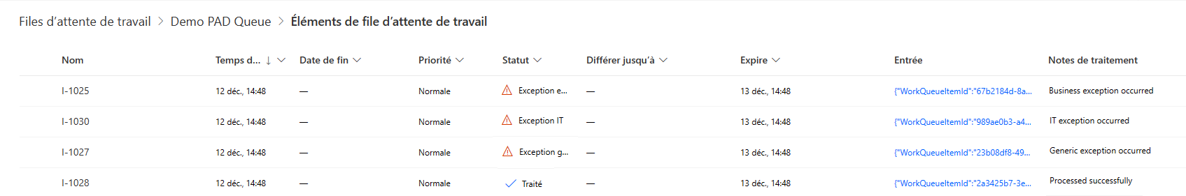 Exemple de capture d’écran du statut mis à jour des éléments de la file d’attente de travail traités dans le portail de flux.