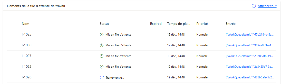 Capture d’écran de l’élément de la file d’attente de travail à l’état **en cours de traitement**.