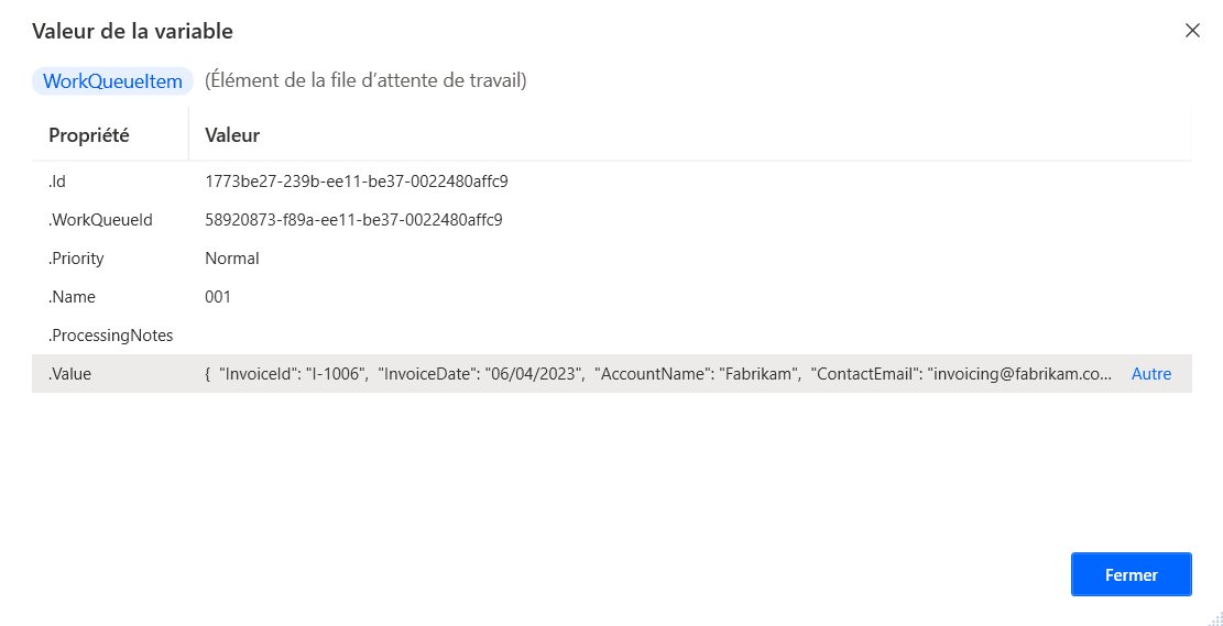 Capture d’écran de la variable WorkQueueItem dans la visionneuse de variables.
