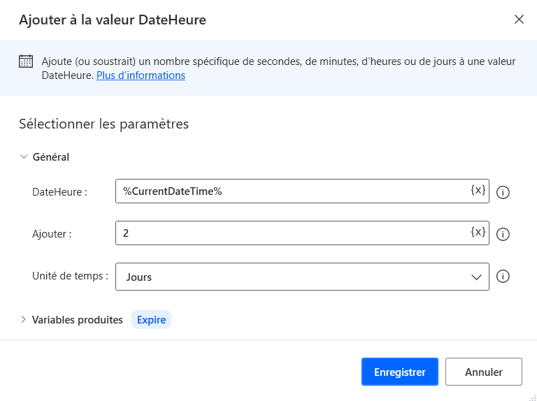 Exemple de capture d’écran de l’ajout à la date et l’heure pour créer une heure d’expiration.