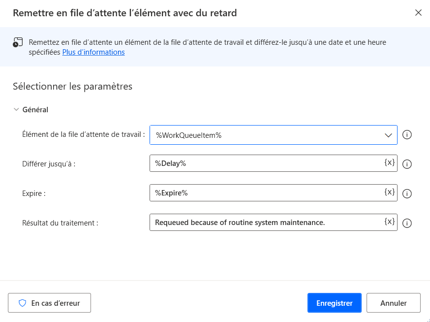 Exemple de capture d’écran de la remise d’un élément en file d’attente avec un délai.