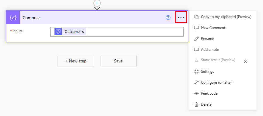 Capture d’écran du menu action dans le concepteur classique Power&nbsp;Automate.