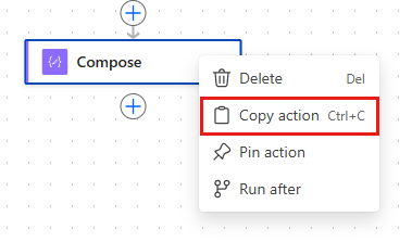 Capture d’écran de la copie d’une action dans le nouveau concepteur Power Automate.
