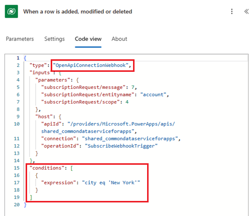 Capture d’écran de la vue code d’un déclencheur Dataverse dans un flux Power Automate, avec le type de déclencheur et les conditions en surbrillance.