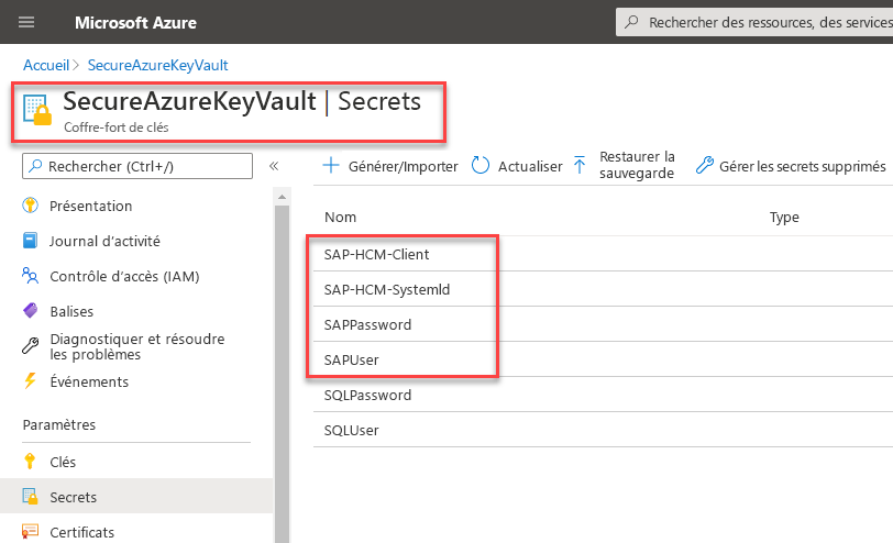 Capture d’écran d’Azure Key Vault avec les secrets suivants : SAP-HCM-Client, SAP-HCM-SystemId, SAPPassword et SAPUser.