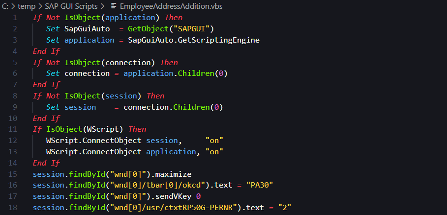 Capture d’écran du code VBScript généré par l’enregistrement.