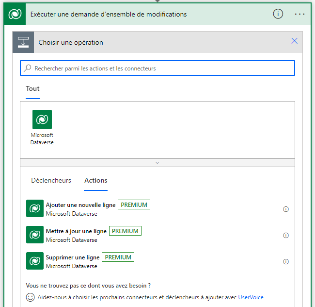 Les trois actions disponibles pour Exécuter une demande d’ensemble de modifications.