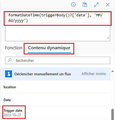 Capture d’écran de la fonction formatDatTime utilisant du contenu dynamique.