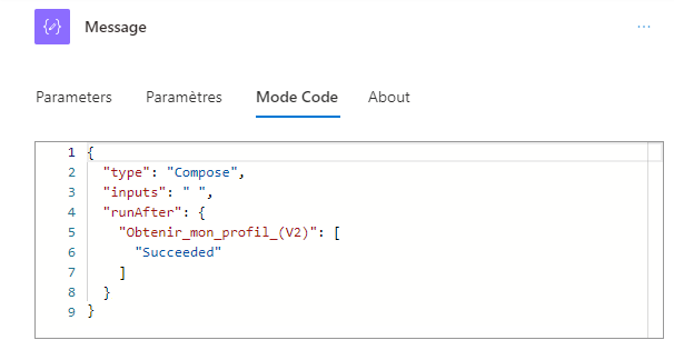 Capture d’écran de la vue du code de la carte d’action Composer.