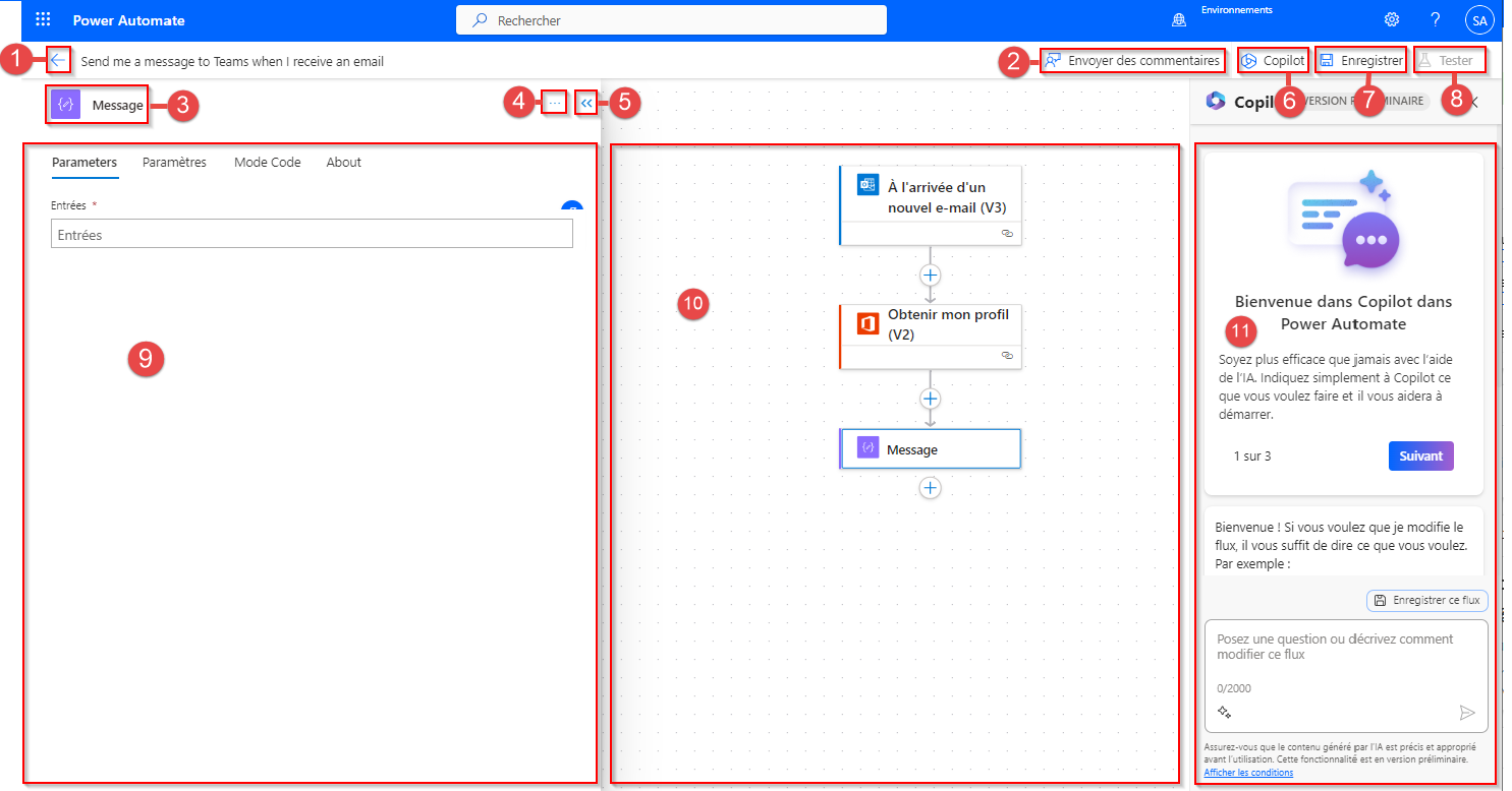 Capture d’écran du concepteur de flux de cloud avec Copilot.