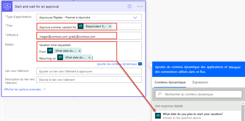 Capture d’écran d’une action d’approbation dans un flux en cours de construction, avec les informations personnalisées en surbrillance.