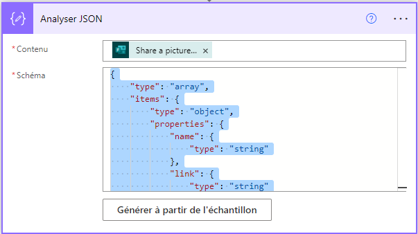 Capture d’écran de l’action Analyser JSON avec un schéma JSON.