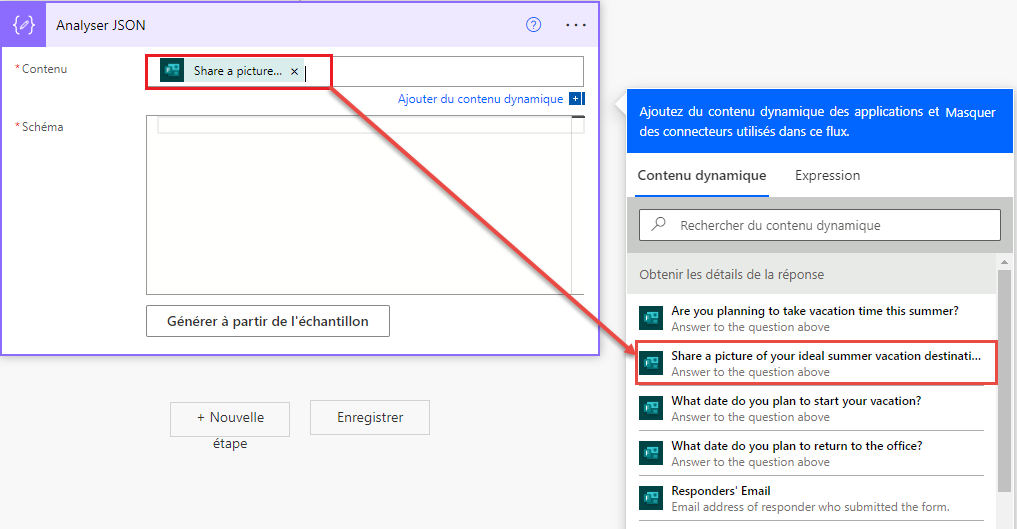 Capture d’écran d’une action Analyser les opérations de données JSON dans un flux en cours de construction, avec le contenu dynamique de chargement de fichier dans le formulaire mis en surbrillance.