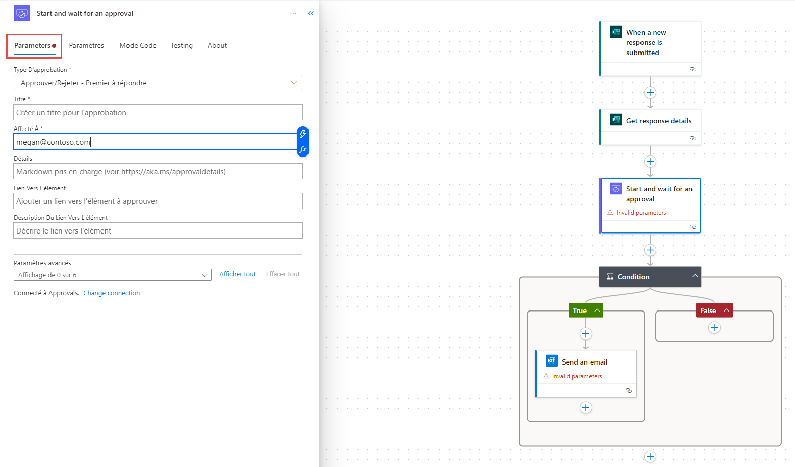 Capture d’écran de la configuration de l’action Envoyer un courrier électronique avec Copilot.